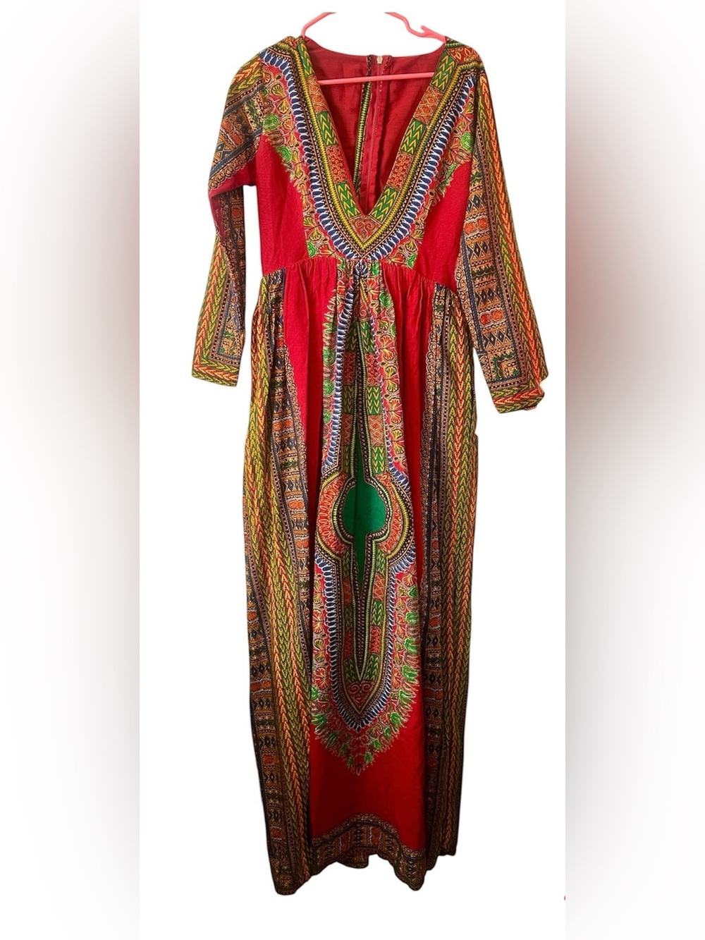 Red Dashiki-Inspired Maxi Dress with V-Neck